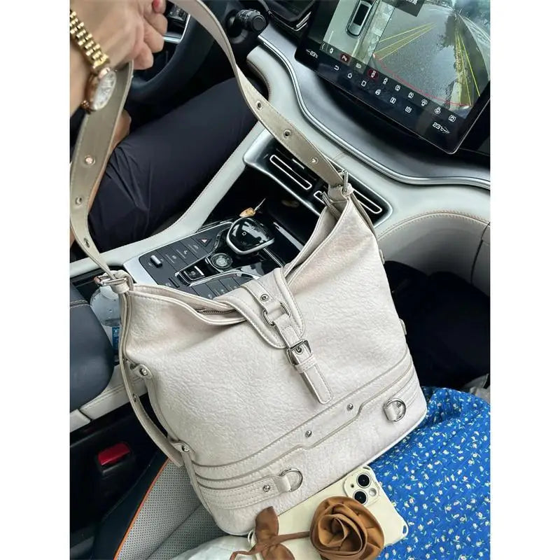 Lunivop Harajuku White Bucket Bag Purse Women Hot Girls Leather Soft Casual Crossbody Bags Ladies Vintage Shoulder Messenger Bag