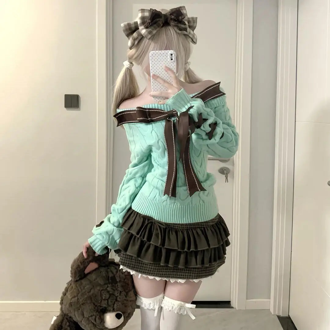 Lunivop  Y2k Kawaii Lolita Knitting Long Sleeve Bow 2-piece Set Vintage Chic Slim Off Shoulder Sweater + High Waist Lace Skirt Suit New