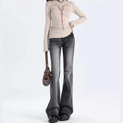 Lunivop  Women's Vintage Y2K Flared Jeans Korean Button-Up Low Rise Casual Denim Pants Female Versatile Elastic Slim Fit Jean Trousers