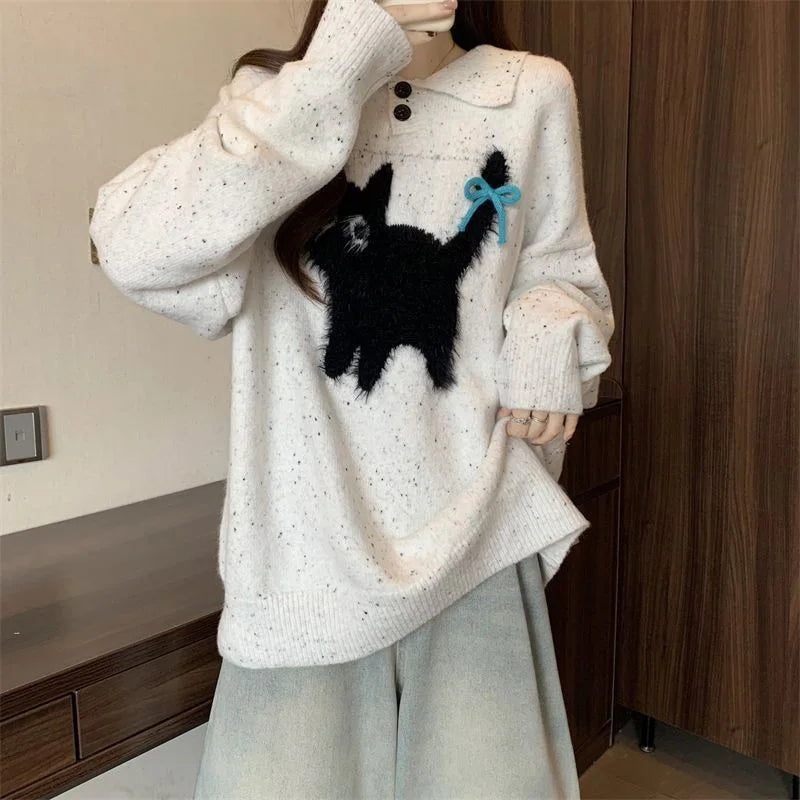 Lunivop Cute Cartoon Bow Sweaters Women Loose Vintage Long Sleeve Kawaii Knitted Jumper Japan Casual Preppy Style Retro Pullovers