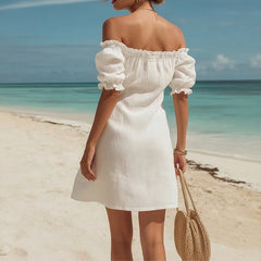 Lunivop  Elegant Ruffles Shirt Dress Summer Clothing Women Puff Sleeve Slash Neck Bandeau Mini Dresses Birthday Evening Party Dress