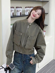 Lunivop Streetwear Y2K Cropped Cargo Jacket Women Vintage Loose Pockets Harajuku Short Coat American Casual Fall O Neck Long Sleeve Tops