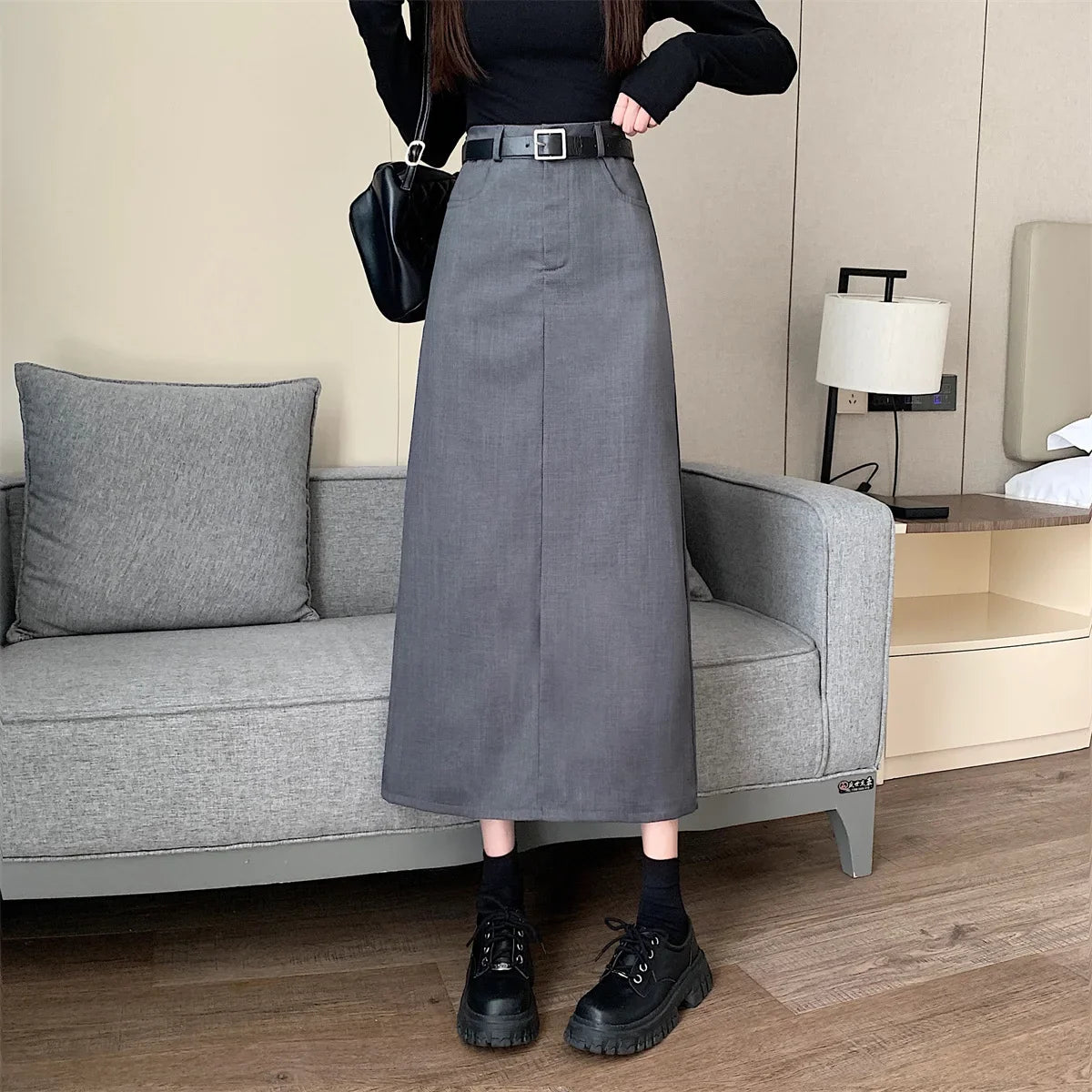 Lunivop High-waisted Slimming Skirt Greysuit Women's Lightweight Casual A- line Medium-length Dress