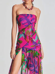 Lunivop  Women Tube Top Dress Slim Strapless Backless Mesh Patchwork Tropical Print High Slit Long Dress for Party Club Night