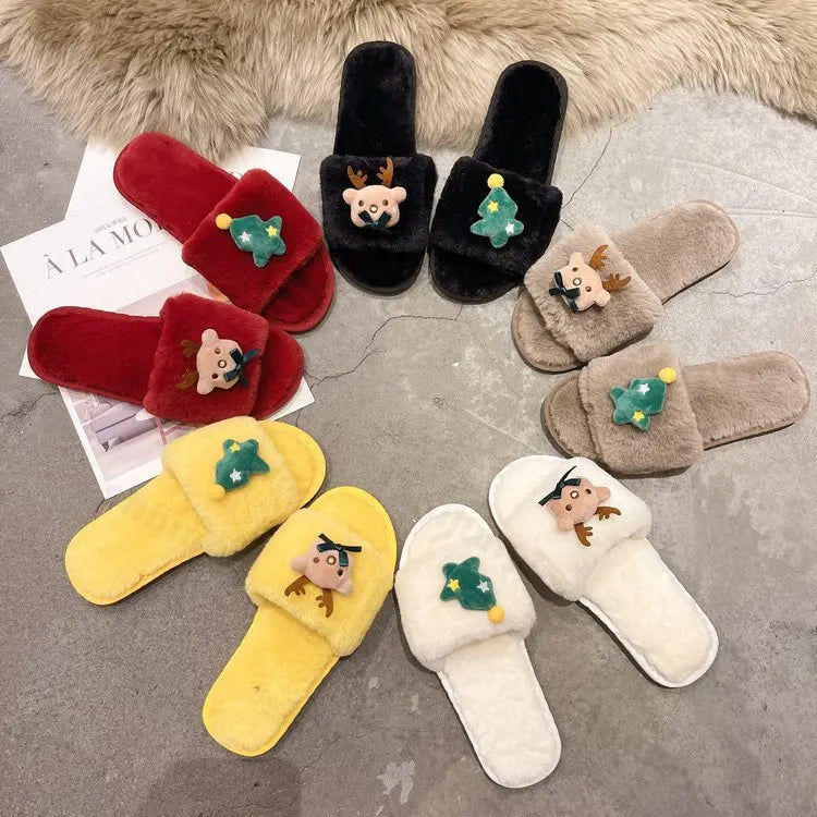 Lunivop 2025 New Christmas Elk Cotton Slippers for Women Men Winter Cute Cartoon Home Non Slip Couple Floor Slides Slip-on Plush Shoes