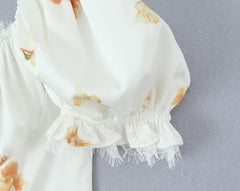 Lunivop  Retro White Floral Bow Ruched Chest Lace Slash Collar Satin Mini Dress Women Short Puff Sleeve Low Waist Swing Dresses Robe