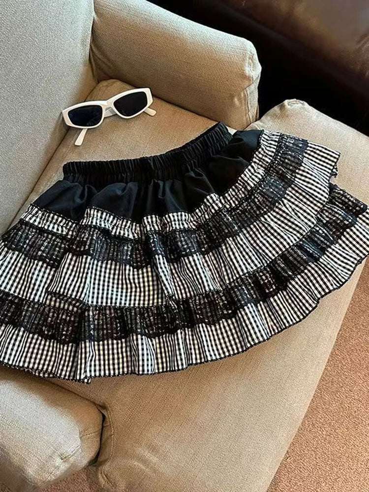 Lunivop  Sweet Lace Plaid Skirt Women High Waist Cute Vintage Mini Skirts Casual Preppy Style Patchwork Japan Kawaii Female Skirt