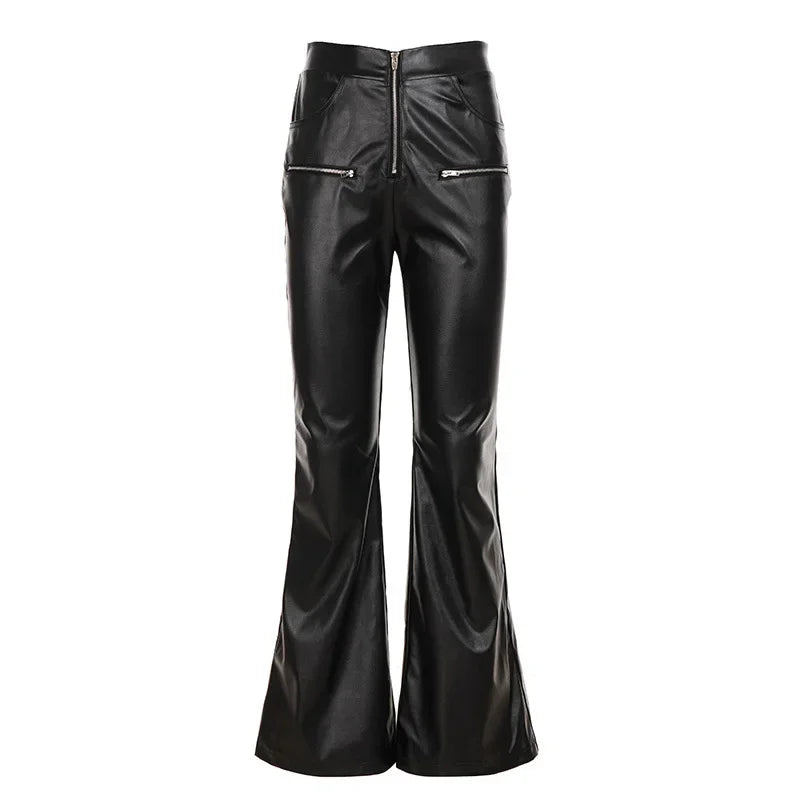Lunivop  Black PU Leather Slim Flare Pants Zippers High Waist Peach Hips Stretch Boot Cut Skinny Trousers Women Fashion Casual Streetwear