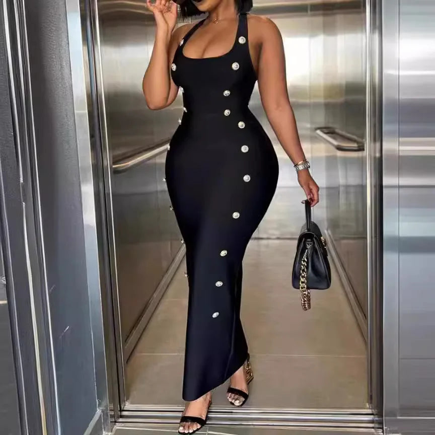 Lunivop  Womens Dresses Summer Fashion Halter Sleeveless Buttoned Casual Plain Maxi Bodycon Evening Dress