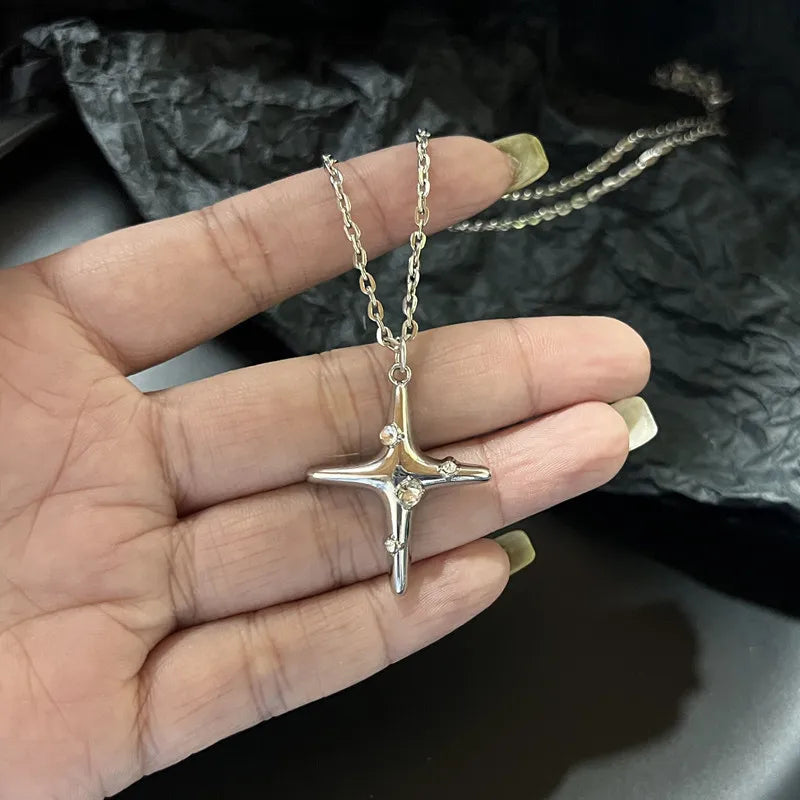 Lunivop Silver Cross Studded Diamond Four Pointed Star Necklace For Men And Women's Vintage Clavicle Chain Party Jewelry