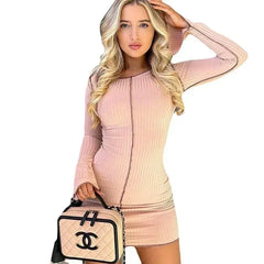 Lunivop Fall and Winter Women's Sexy Knitted Elastic Fabric Round Neck Package Hip Long Sleeve Dress Sexy Slim Women's Dresses
