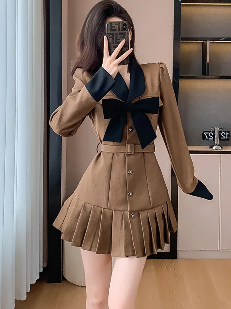 Lunivop  New Chic Bow Y2k Mini Pleated Dress Women Long Sleeve Bodycon Casual Prom Clothes Autumn Winter Korean Elegant Party Dress