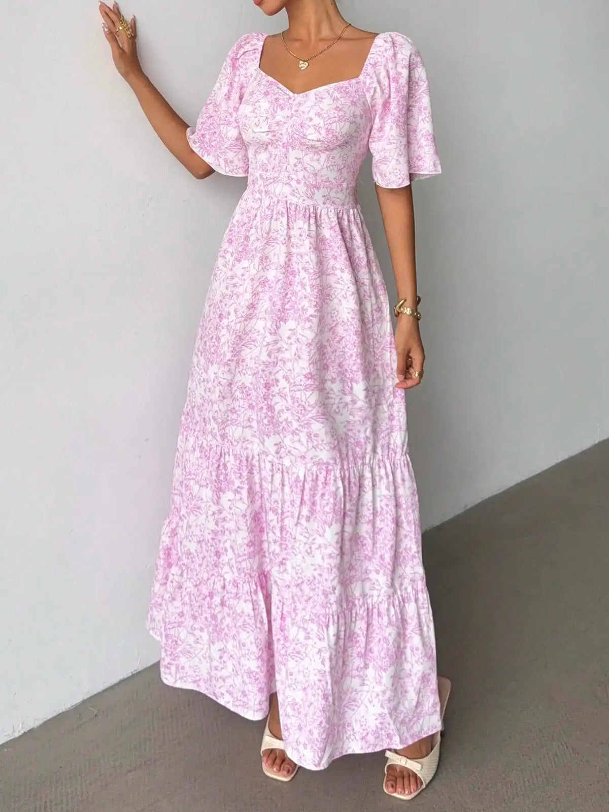 Lunivop  Pink Ditsy Floral Short Sleeve Maxi Dress For Summer Beach Vacation Festival