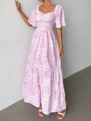 Lunivop  Pink Ditsy Floral Short Sleeve Maxi Dress For Summer Beach Vacation Festival