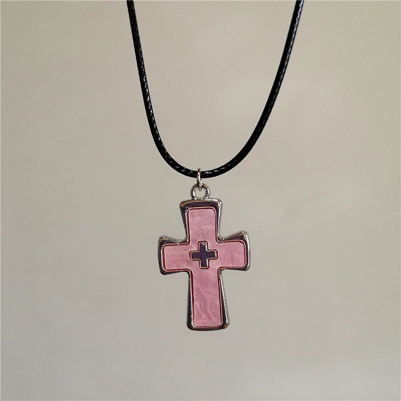 Lunivop Red Pink Large Cross Pendant Leather Choker Necklace Goth Punk Jewelry Charm Statement Women Men Y2k Accessories Halloween Gift