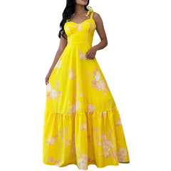 Lunivop  Female Sleeveless Pleated Long Dress Summer V-Neck Floral High Waist Party Sexy Holiday Beach Spaghetti Strap Sundress