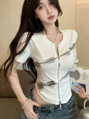 Lunivop Harajuku Y2K T Shirt Women Slim Sexy Cropped Double Zipper Vintage Tees Streetwear Vintage American Casual O Neck Lady Tops