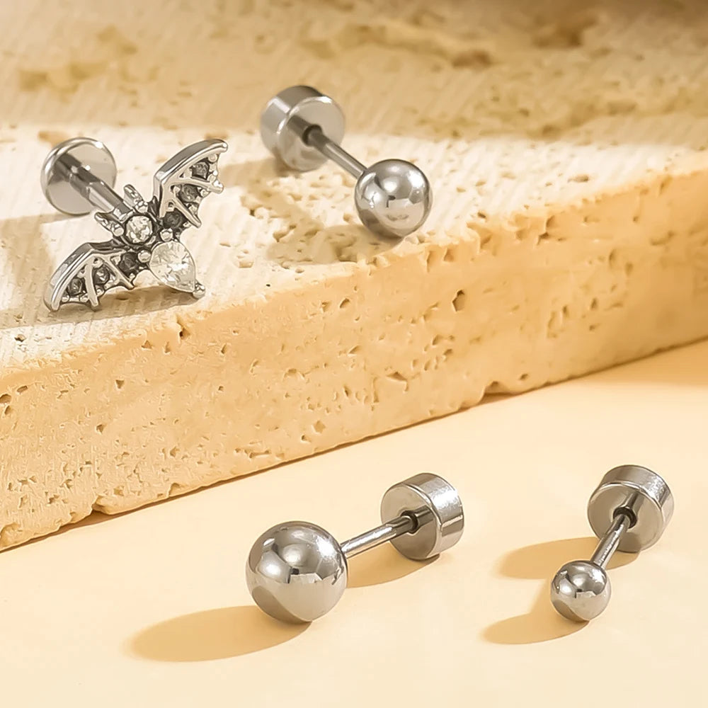 Lunivop  4Pcs Gothic Bat Design Piercing Earrings, Crystal Zirconia Cartilage Tragus Helix Studs, Gothic Style Body Jewelry