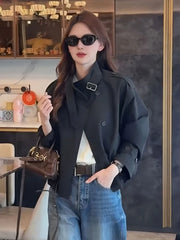 Lunivop England Stand Collar Jacket Women Loose Long Sleeve Vintage Short Coat Fall Causal Double Breasted Lady Elegant Design Tops