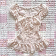 Lunivop  American Sweet Slim Spliced Lace O Neck Short Sleeve Blouse All Match High Street Y2k Buttons Clothes Summer Punk Draped Tops