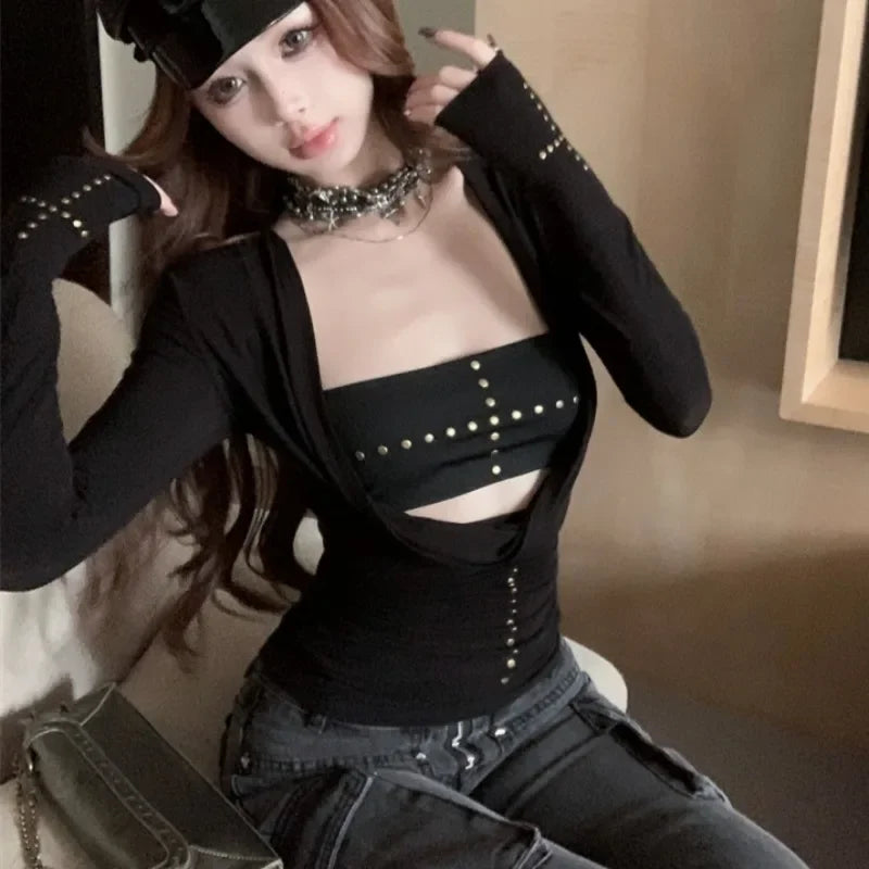 Lunivop Autumn New Deep V-neck Pleated Sexy Slim Rivets Long-sleeved T-shirt Women + Black All-match Tube Tops Two-piece Suit