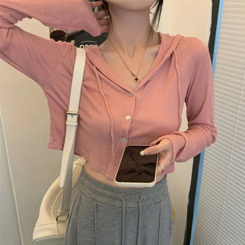 Lunivop Rimocy Summer Knitted Hooded Cardigan Women Korean Streetwear Single Breasted Crop Tops Woman Solid Long Sleeve Knitwear Top