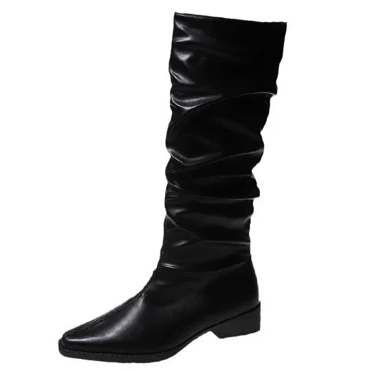 Lunivop Autumn Winter New Knee High Boots Women Punk Style Pleated Suede Leather Long Boots Woman Slip on Western Cowboy Botas De Mujer