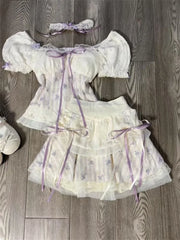 Lunivop  Summer Sweet Puff Sleeve Slim Fit Floral Top for Women+ Y2k High Waist Lace Bow Cake Skirts New Two Piece Sets