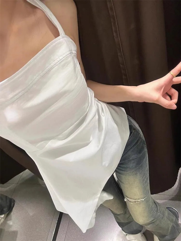 Lunivop  Elegant Fashion White Halter Camisole Vest for Women 2025 Summer New All-match Tank Top Y2k Slim Fit Ruched Tops Mujer