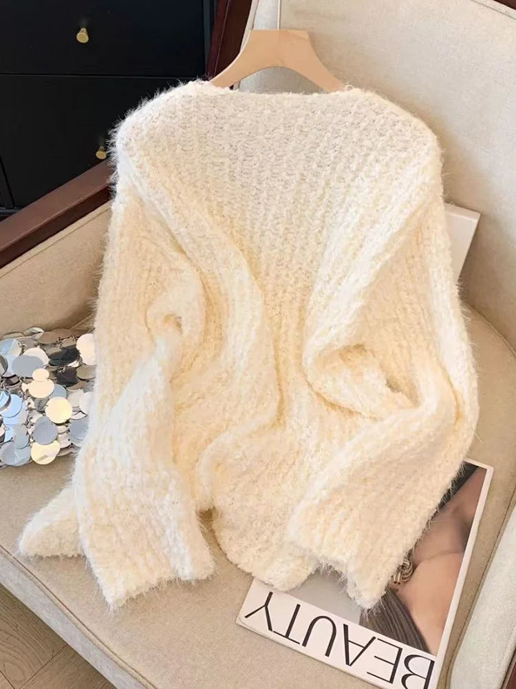 Lunivop Pink Sweet Knitted Sweaters Women Fashion Lazy Wind Diamond Elegant Jumper Korean Chic Long Sleeve Loose Fall Winter Pullovers