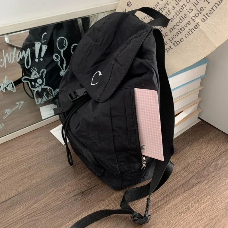 Lunivop Black Womens Backpack Love Embroidery Nylon Korean Style Fashion Casual Backpacks Large Capacity Outdoor Simple Female Bag