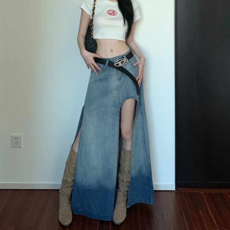 Lunivop High Street Sexy Split Loose Casual A-line Skirt Women Summer New Korean Distressed Washed Denim Mid-length Skirt