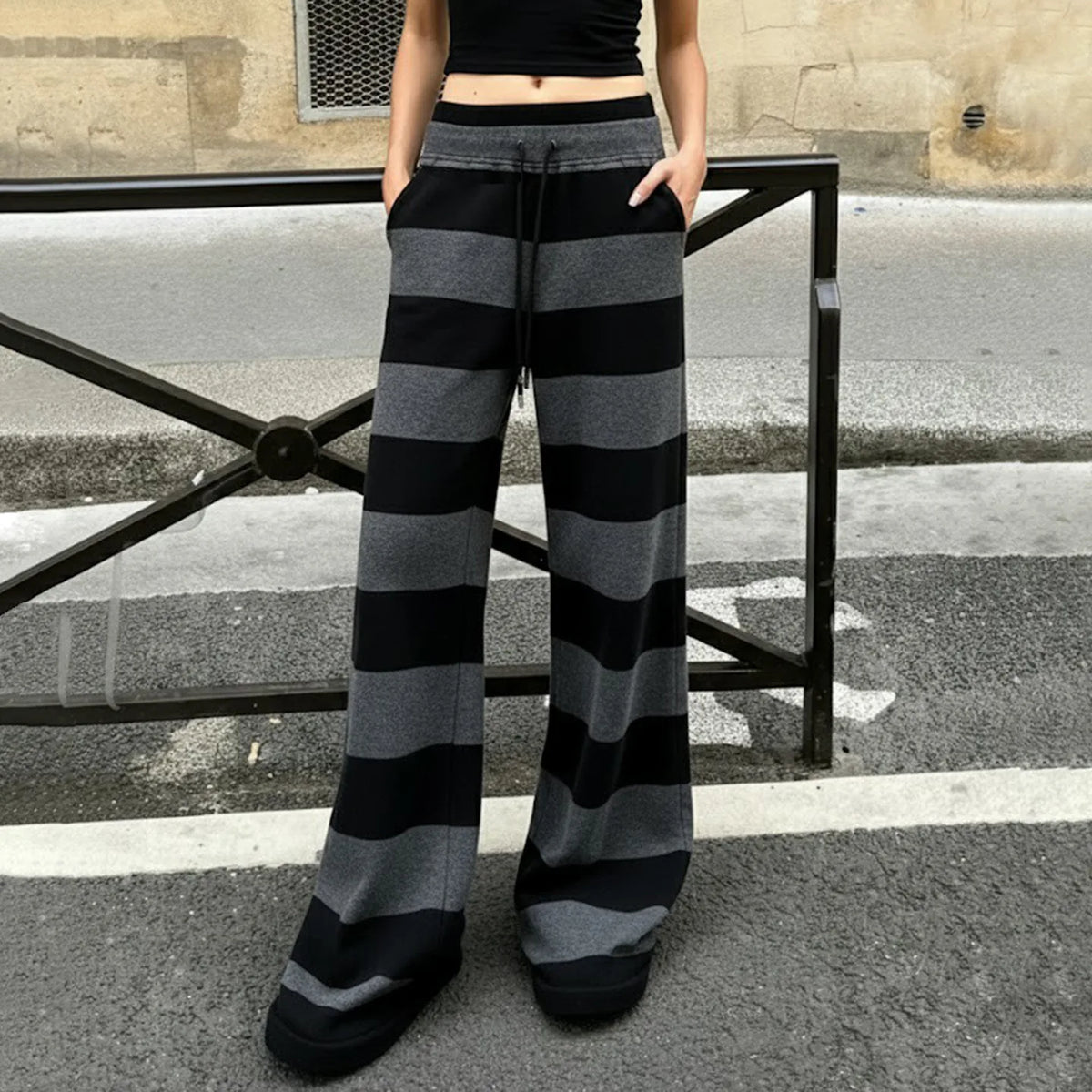 Lunivop  Autumn Winter Casual Street All Match Stretch Waist Lace Up Long Pants Y2k Constrast Color Striped Trousers Harajuku Soft Pant