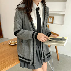 Lunivop Knit Cardigan for Women Long Sleeve Button-up with Contrast Trim Sweater Jacket Varsity High School Teen-girl Preppy Chic Outfit