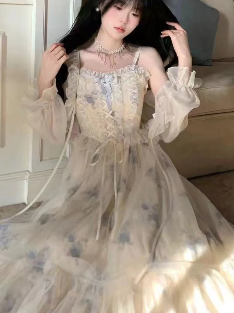 Lunivop Spring Elegant Two Piece  Set Dresses Women Lace Bow Sweet Cardigan Floral Strap Dress Set Female Korean Fahsion Desinger Y2 Set