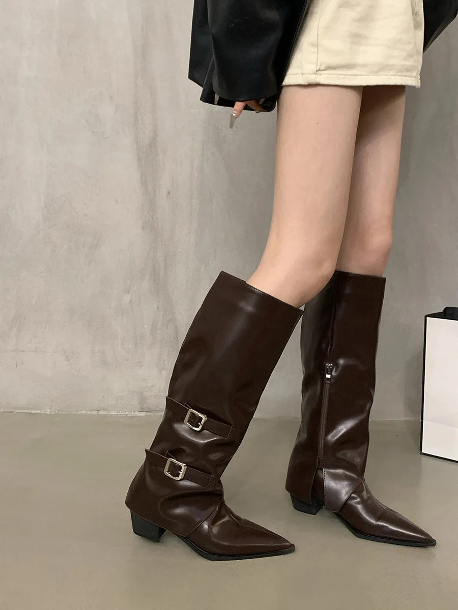 Lunivop Retro Style Women Knee High Boots New 2025 Fashion Belt Buckle Shoe Autumn Winter Wedges Heel Women Non-slip Knight Long Booties