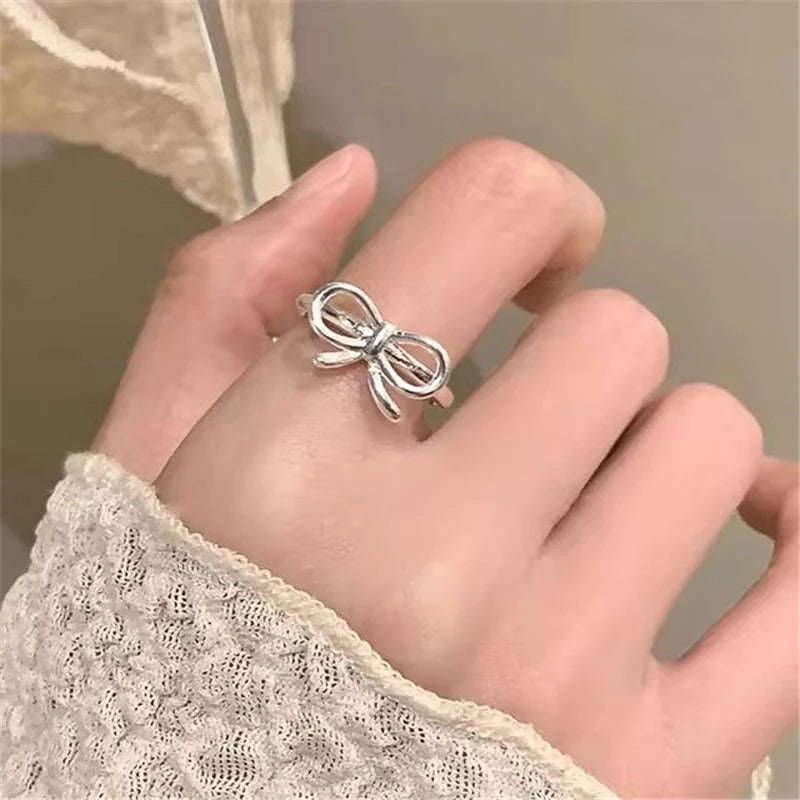 Lunivop Y2K Romantic Lovely Silver Color Bow Tie Ribbon Rings for Women Exquisite Fashion Geometric Lines Open Finger Ring Jewelry Gift