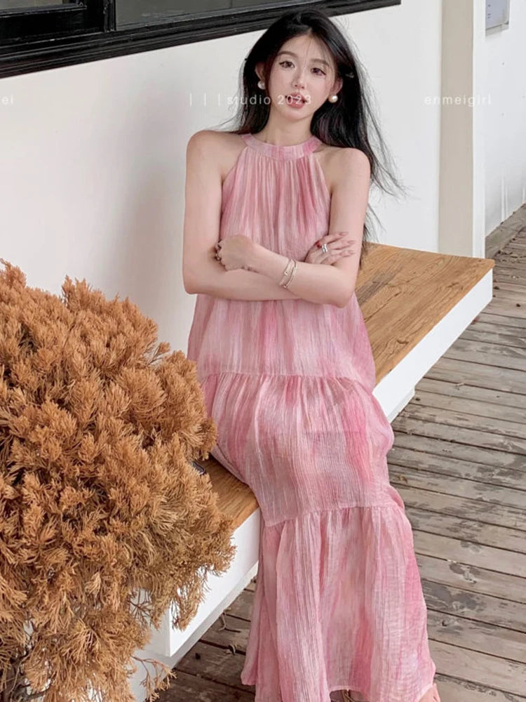 Lunivop  Pink Tie Dye Beach Long Dress Women Elegant Casual Sleeveless Sweet Tanks Dress Casual Vintage Summer Lady Loose Long Dress