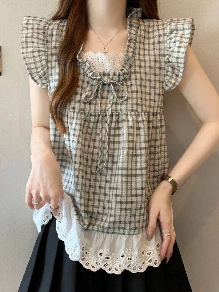 Lunivop  Lace Patchwork Plaid Shirt Women Casual Loose Flying Sleeve Vintage Blouse Preppy Style Sweet Korean Lady Retro Summer Tops