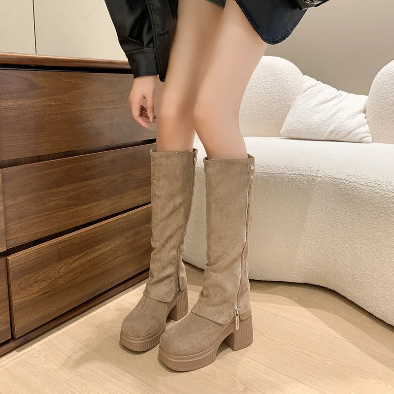 Lunivop Winter Women Long Boots Fashion Zipper Ladies Elegant Platform Long Pipe Booties Casual High Heel Women's Knee High Boots