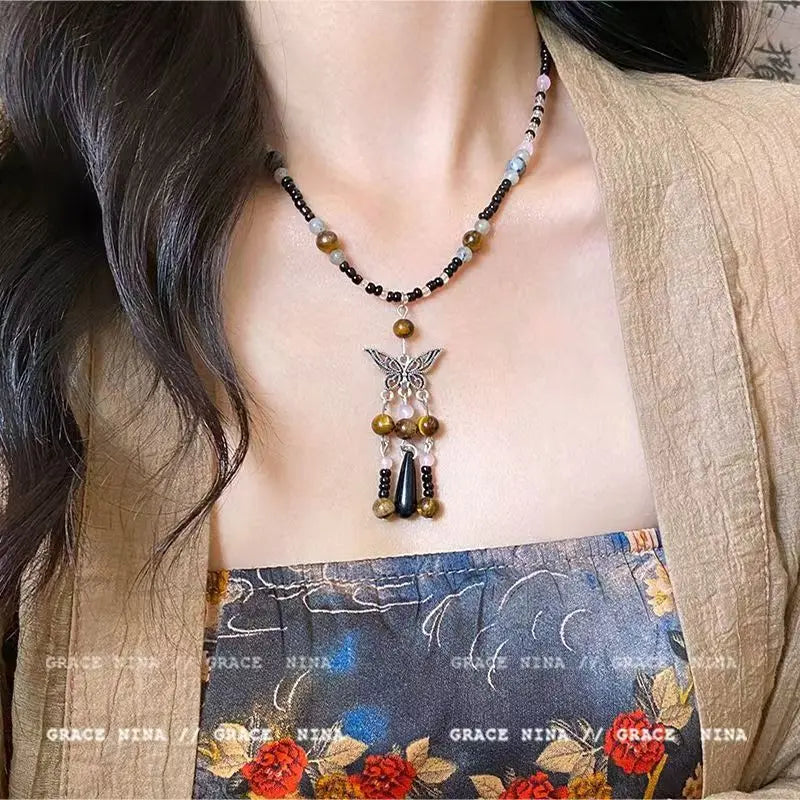 Lunivop Colored Seed Bead Short Butterfly Necklace Summer Beaded Natural Stone Jewelry