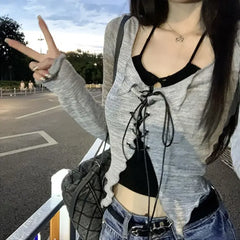 Lunivop Korean Two Piece Set Lace-up Cardigan with Cami Women's Sexy Slim Y2K Crop Long Sleeve Criss Cross Knit Tops Acubi Outfit
