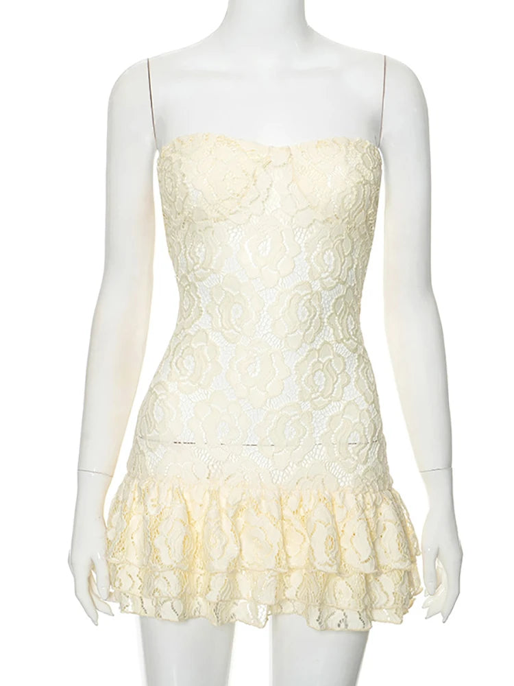Lunivop Sexy Strapless Print Floral Lace Women Dress Yellow See Through High Waist Dress Female Summer Skinny Elegant Streetwear