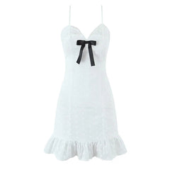 Lunivop  Bow Lace Trim White Sling Mini Sexy Dresses  Sweet Women Elegant A-line Cotton Summer Dress Night Out Robe
