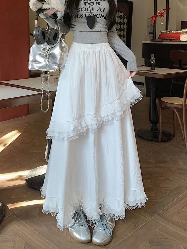 Lunivop Ruffles White Long Skirt Women High Waist Sweet Lace Patchwork Skirts Vintage Casual Loose Korean Female Summer Skirts New