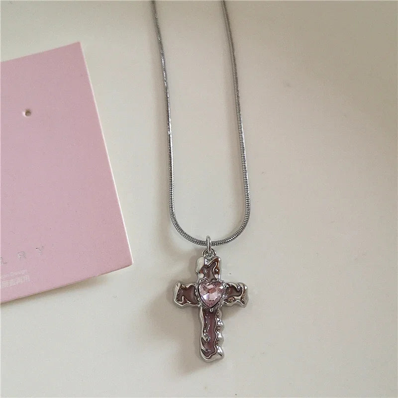 Lunivop Kpop Charms Pink Heart Cross Pendant Stainless Steel Snake Chain Necklace Women Y2k Aesthetic Vintage Rave Jewelry Accessories