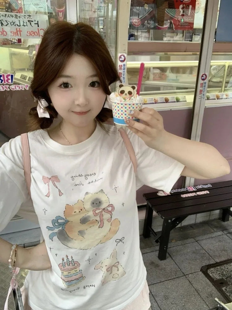 Lunivop  T Shirts Women Sweet Cartoon Cat Short Sleeve O Neck Funny Summer 2025 Fashion Tops Preppy Style Female Tshirt Casual
