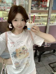 Lunivop  T Shirts Women Sweet Cartoon Cat Short Sleeve O Neck Funny Summer 2025 Fashion Tops Preppy Style Female Tshirt Casual