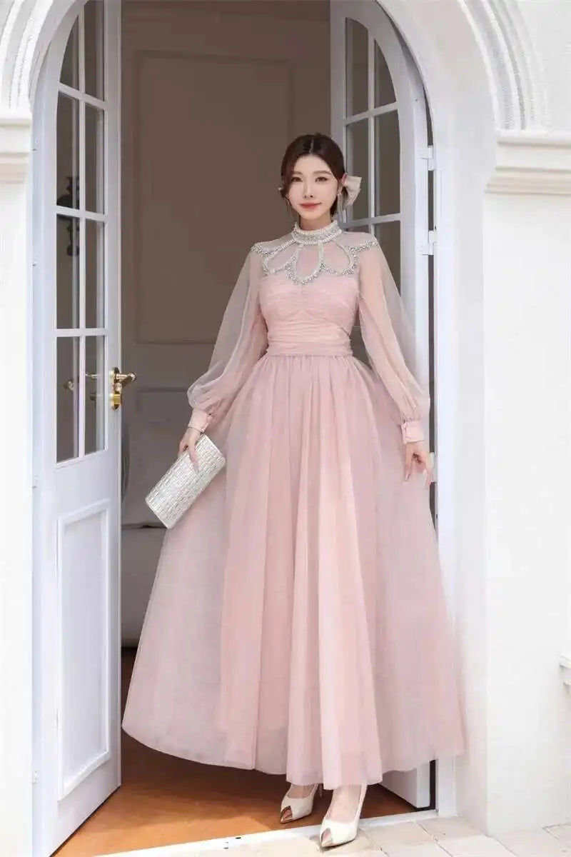 Lunivop Women's Fashion Dress Stand Collar Mesh Sleeves Rhinestone Folds Folds Slim Mid-calf Dresses Spring 2025 New Tide