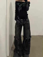 Lunivop Black Women's Jeans High Waist Hip Hop Straight Fashion Pants Streetwear Harajuku Y2K Star Female Wide Leg Denim Trouser